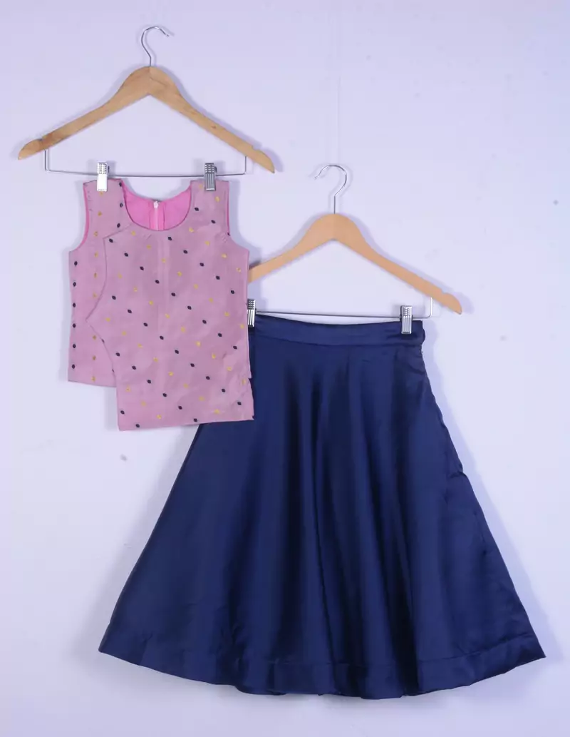 Girl Cotton Silk Pink With Blue Lahenga Choli Set