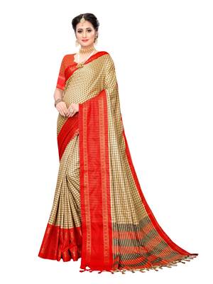 Beige woven cotton silk saree with blouse 1
