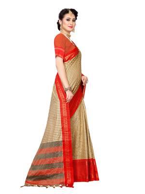 Beige woven cotton silk saree with blouse 3