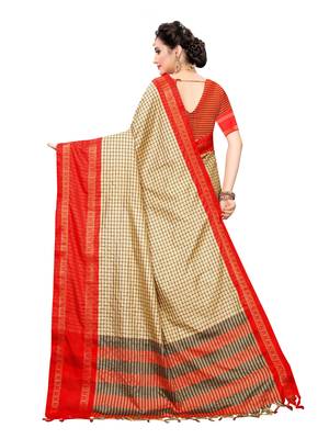 Beige woven cotton silk saree with blouse 4