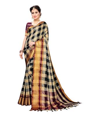 Beige woven cotton silk saree with blouse 1