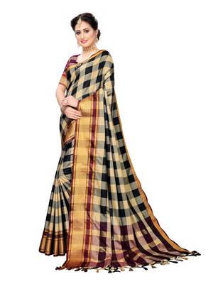 Beige woven cotton silk saree with blouse 2
