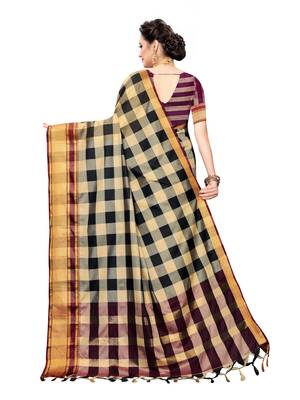Beige woven cotton silk saree with blouse 4