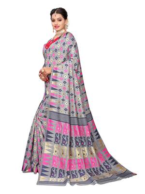 Grey Woven Cotton Silk Saree With Blouse 2