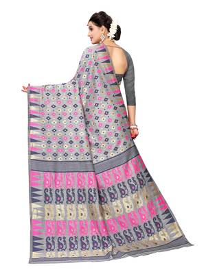 Grey Woven Cotton Silk Saree With Blouse 3