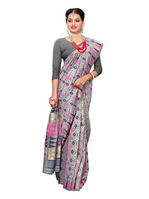 Grey Woven Cotton Silk Saree With Blouse 4