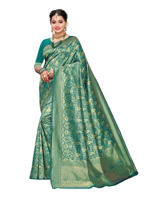Turquoise Woven Poly Silk Saree With Blouse 1
