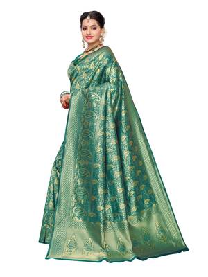 Turquoise Woven Poly Silk Saree With Blouse 2