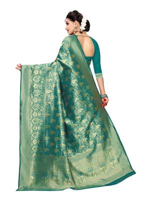 Turquoise Woven Poly Silk Saree With Blouse 3