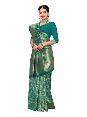 Turquoise Woven Poly Silk Saree With Blouse 4