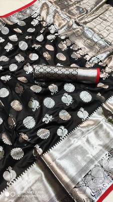 Women'S Designer Black Banarasi Kanjivaram Saree With Designer Blouse 1