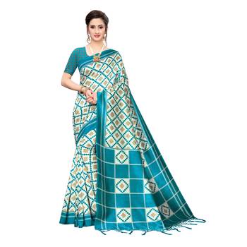 Blue printed khadi saree with blouse 1