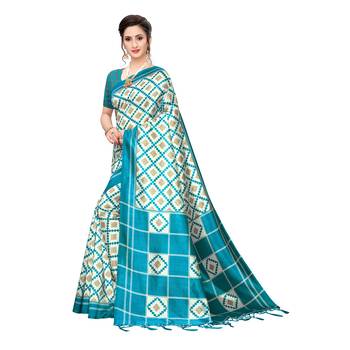 Blue printed khadi saree with blouse 2