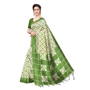 Green printed khadi saree with blouse 2