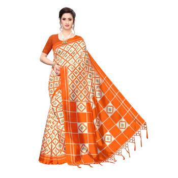 Orange printed khadi saree with blouse 1