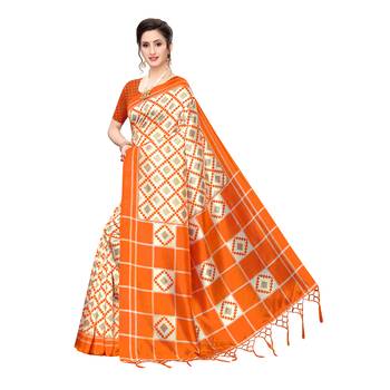 Orange printed khadi saree with blouse 2