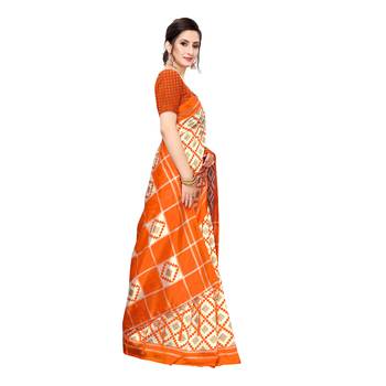 Orange printed khadi saree with blouse 3
