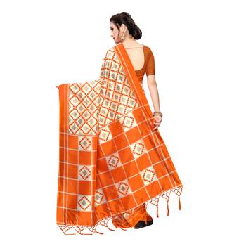Orange printed khadi saree with blouse 4