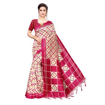 Pink printed khadi saree with blouse 1