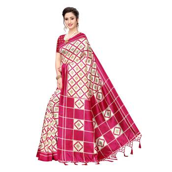 Pink printed khadi saree with blouse 2