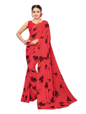 Pink printed georgette saree with blouse 1