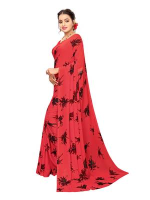 Pink printed georgette saree with blouse 2
