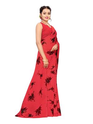 Pink printed georgette saree with blouse 3