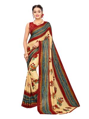 Beige Printed Georgette Saree With Blouse 1