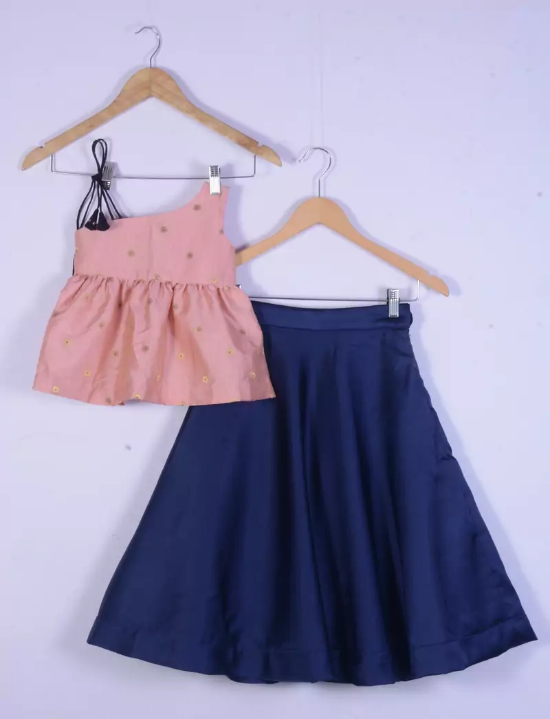 Kids Pink Top And Blue Lahenga Choli For Girl