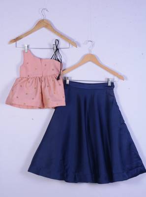 Kids Pink Top And Blue Lahenga Choli For Girl 2