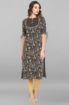 Janasya Grey printed crepe ethnic kurtis 1
