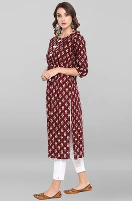 Janasya Maroon printed cotton ethnic kurtis 4