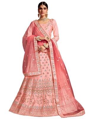 Pink embroidered silk semi stitched lehenga 1