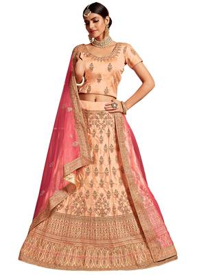 Peach embroidered silk semi stitched lehenga 1