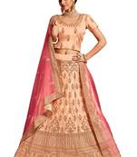 Peach embroidered silk semi stitched lehenga