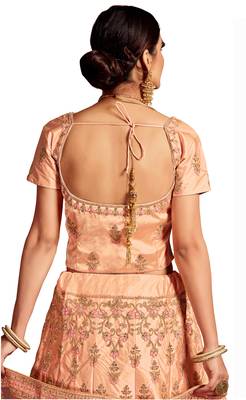 Peach embroidered silk semi stitched lehenga 2