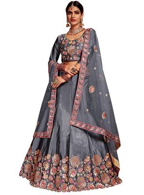 Grey embroidered silk semi stitched lehenga 1