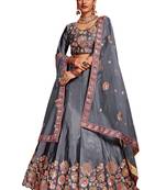 Grey embroidered silk semi stitched lehenga