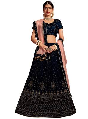 Navy-blue embroidered velvet semi stitched lehenga 1