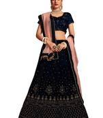 Navy-blue embroidered velvet semi stitched lehenga