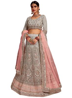 Grey embroidered net semi stitched lehenga 1