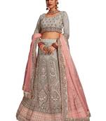 Grey embroidered net semi stitched lehenga