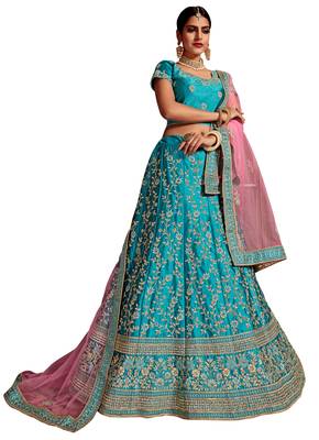 Blue embroidered silk semi stitched lehenga 1