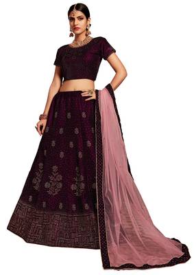 Wine embroidered velvet semi stitched lehenga 1