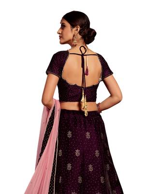 Wine embroidered velvet semi stitched lehenga 2
