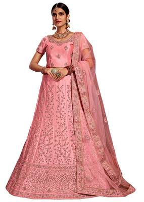Pink embroidered silk semi stitched lehenga 1