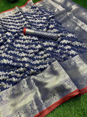 Women'S Designer Blue Banarasi Kanjivaram Saree With Designer Blouse 1