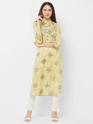 Yellow printed rayon ethnic-kurtis 1