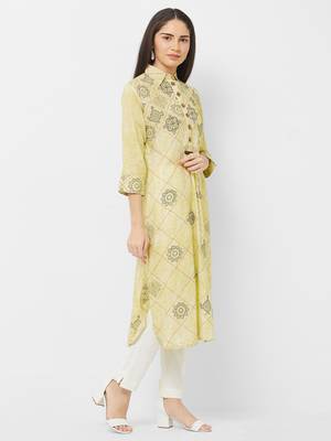 Yellow printed rayon ethnic-kurtis 3