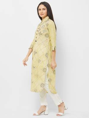 Yellow printed rayon ethnic-kurtis 4